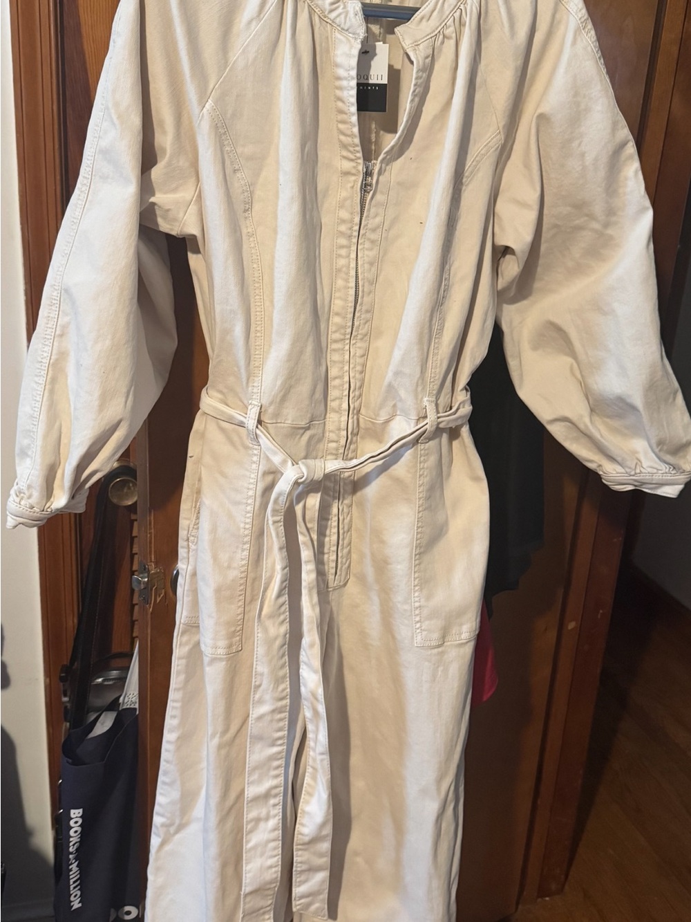 Eloquii Cream Zip-Front Jumpsuit with Tie Waist